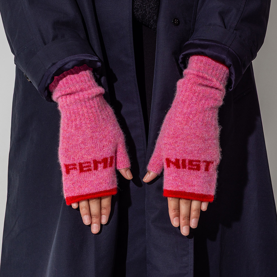 Black & Beech Feminist Fingerless Mittens in French Rose & Rouge