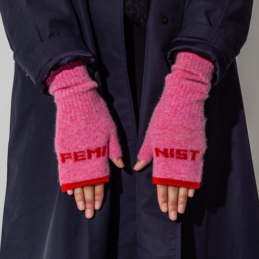 Black & Beech Feminist Fingerless Mittens in French Rose & Rouge