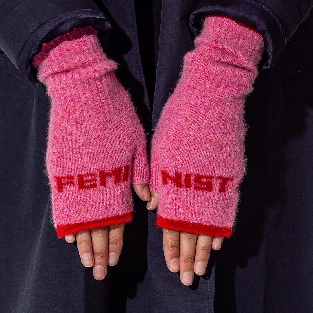 Black & Beech Feminist Fingerless Mittens in French Rose & Rouge
