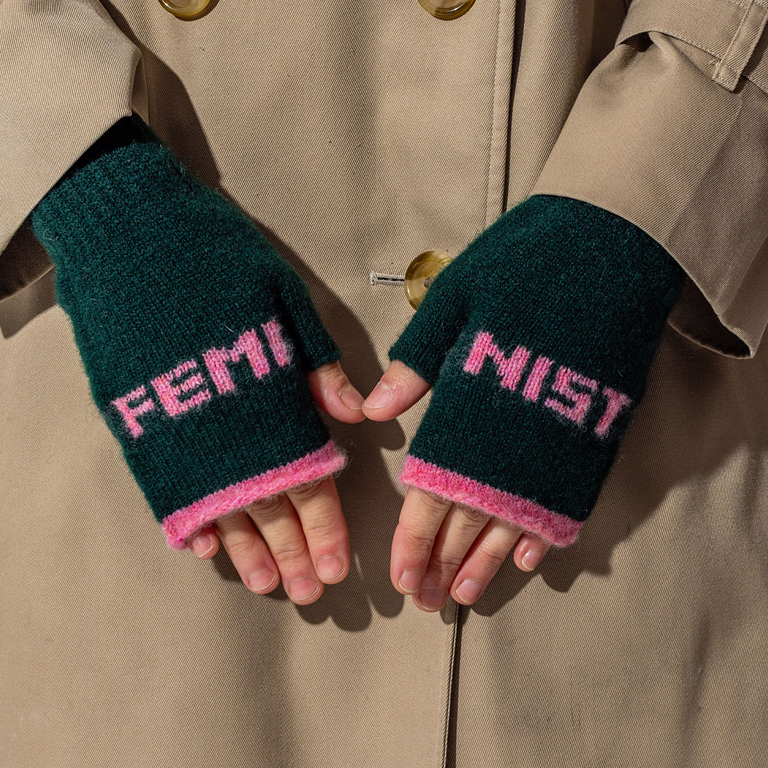 Black & Beech Feminist Fingerless Mittens in Forest Green & French Rose