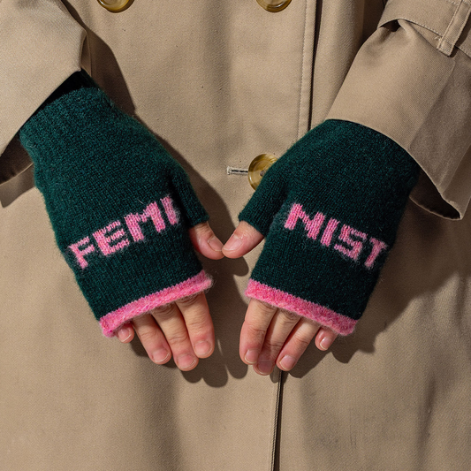 Black & Beech Feminist Fingerless Mittens in Forest Green & French Rose