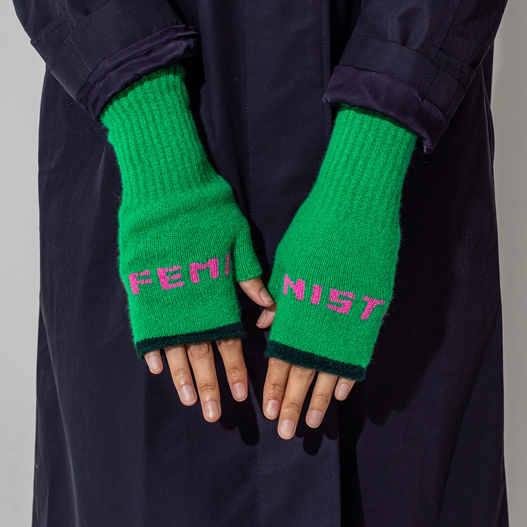 Black & Beech Feminist Fingerless Mittens in Kelly Green & Bubblegum