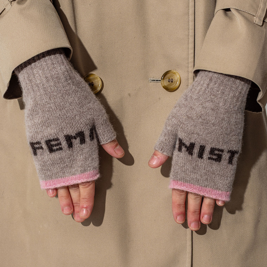 Black & Beech Feminist Fingerless Mittens in Mushroom & Cocoa