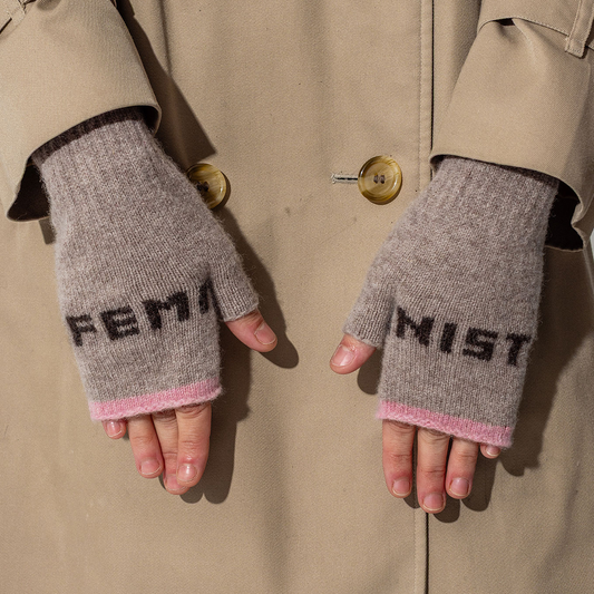 Black & Beech Feminist Fingerless Mittens in Mushroom & Cocoa