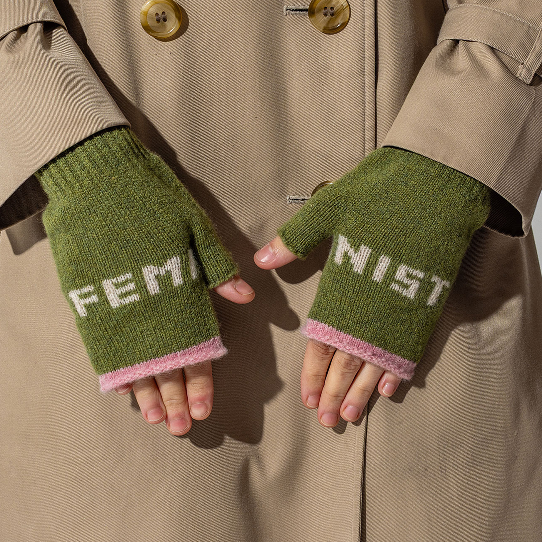 Black & Beech Feminist Fingerless Mittens in Pistachio & Calamine