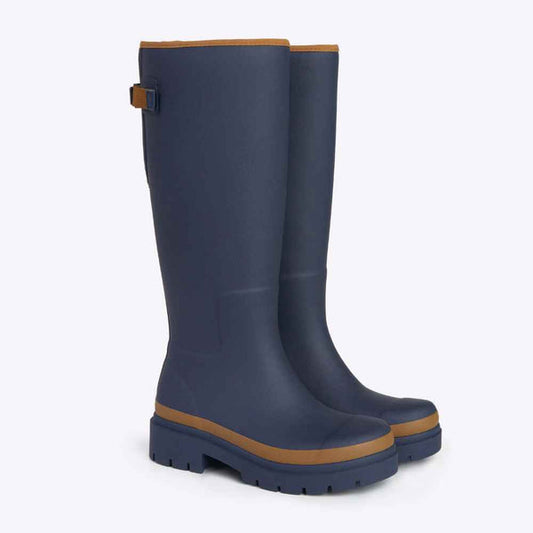 Merry People Fergie Tall Wellies in Oxford Blue - a Pair of navy blue rubber boots with brown accents on a white background