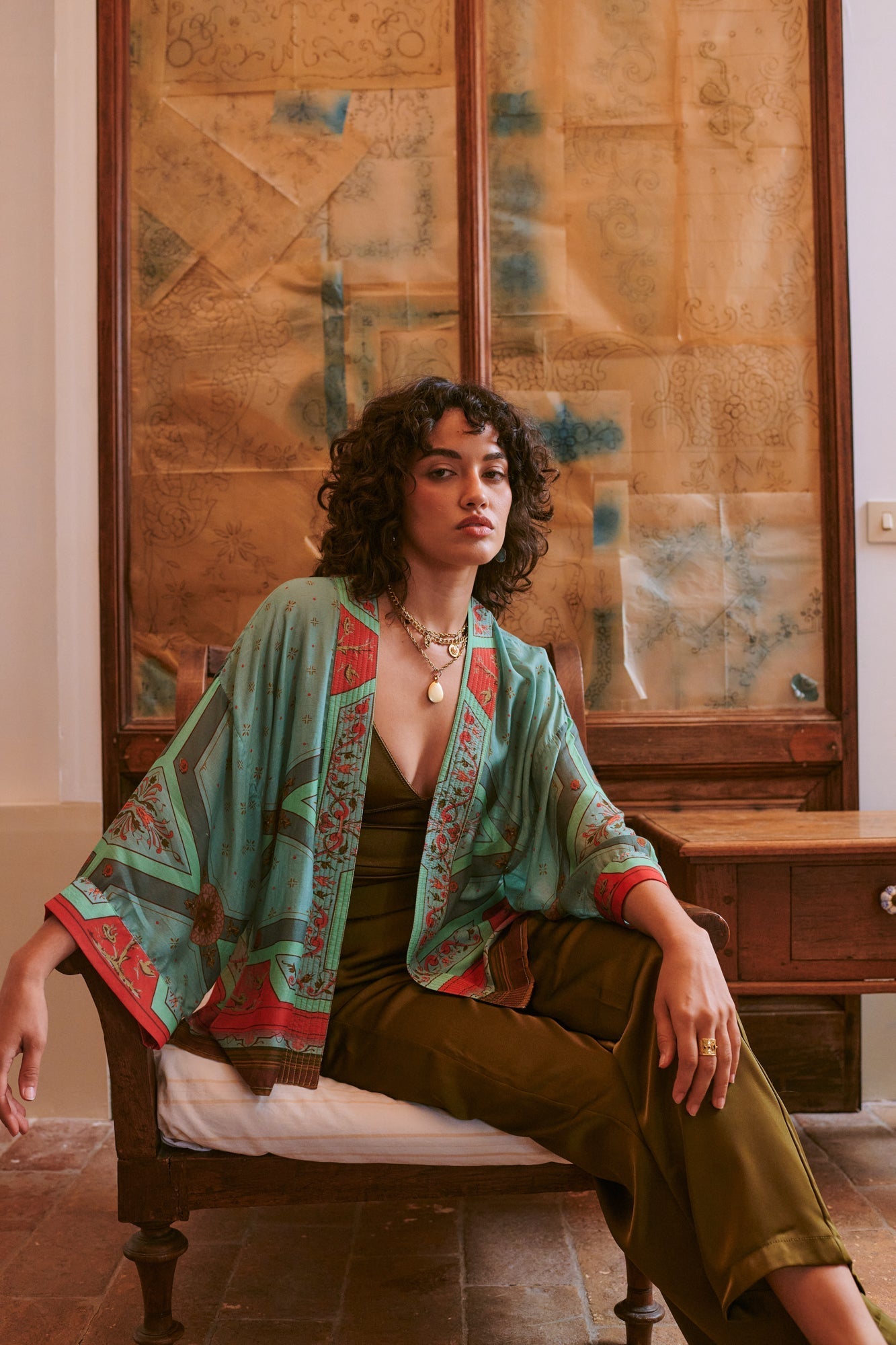 One Hundred Stars Fleur De Lys Aqua Kimono