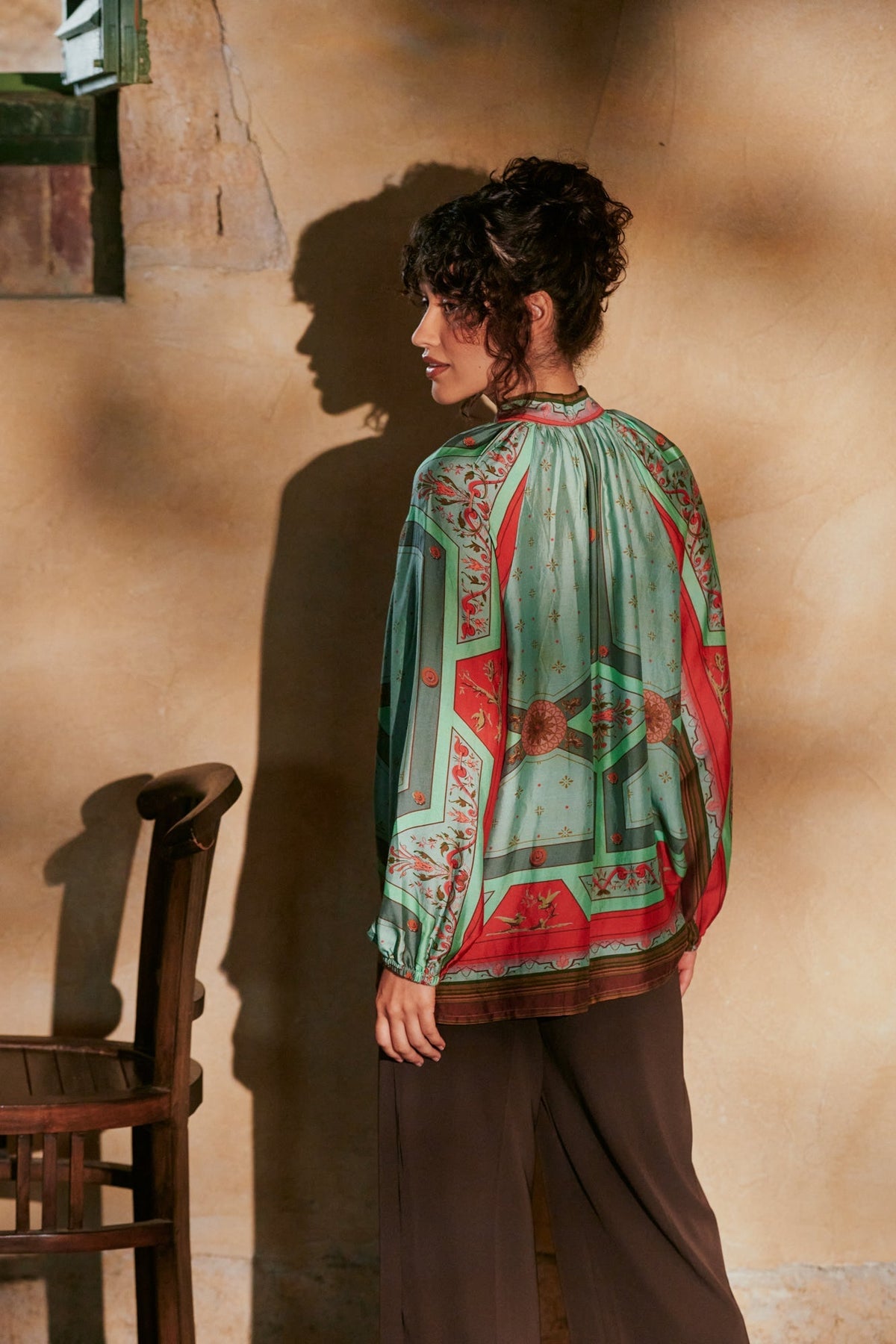 One Hundred Stars Fleur De Lys Aqua Pussy Bow Blouse