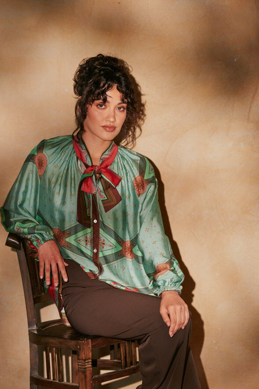 One Hundred Stars Fleur De Lys Aqua Pussybow Blouse
