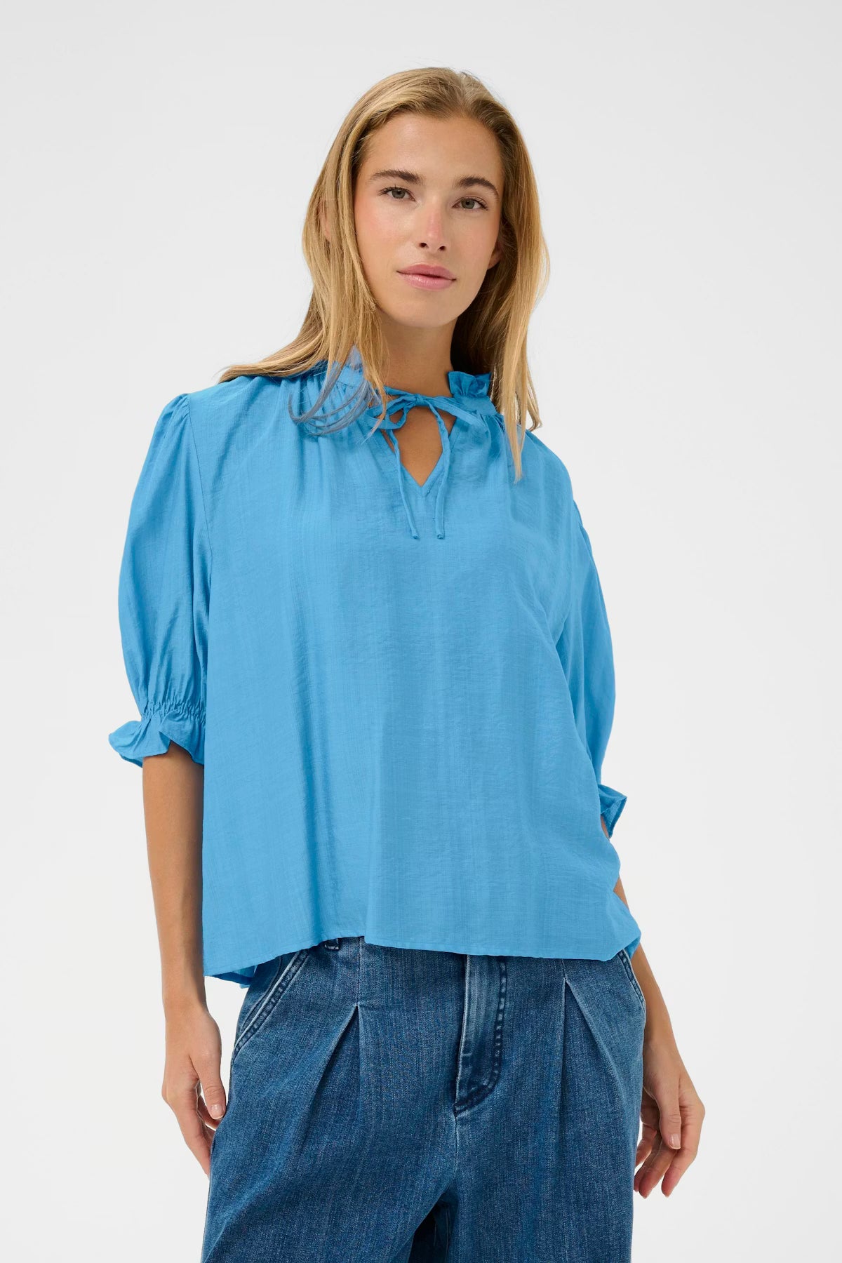 Fransa Lufia Frill Blouse in Azure Blue