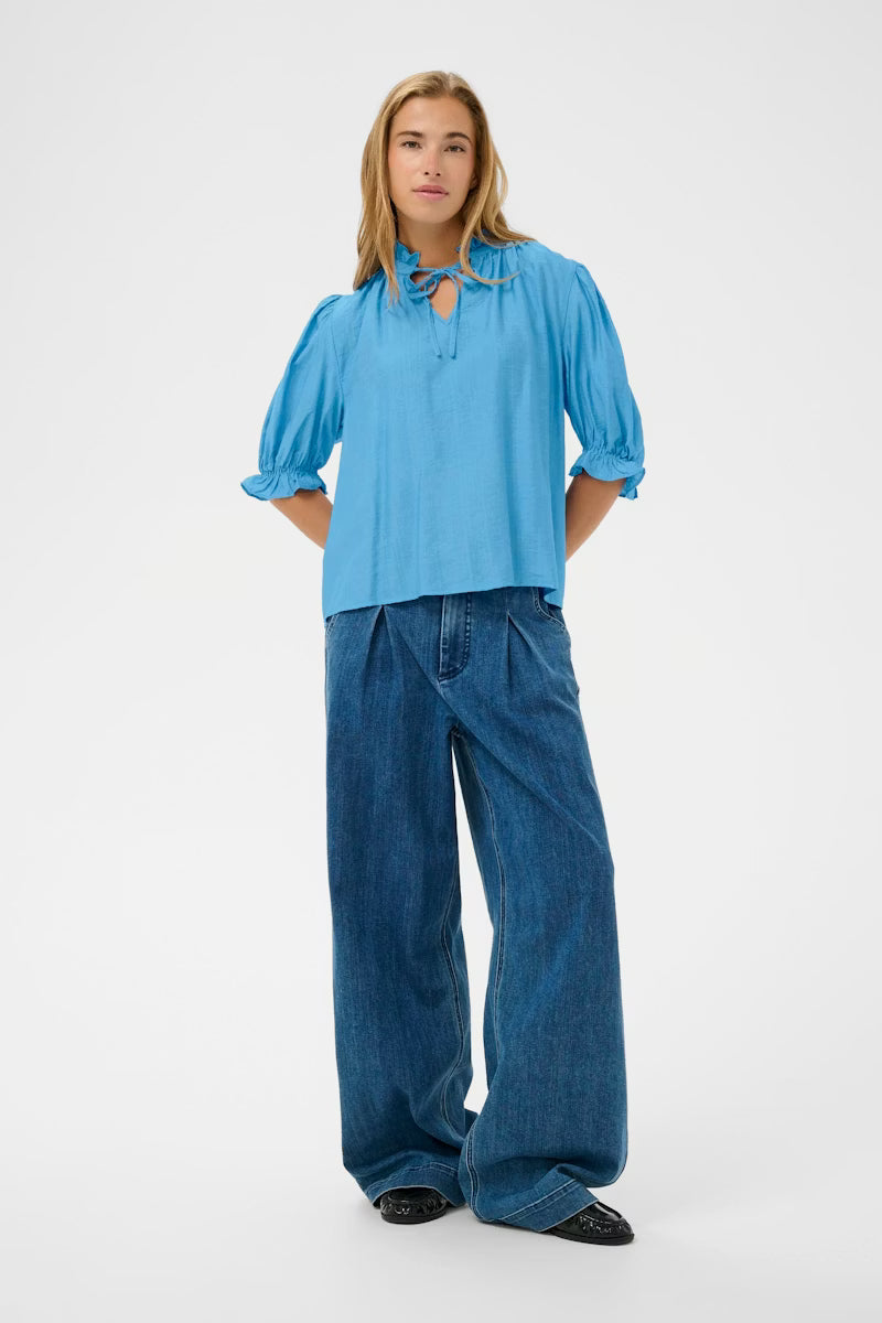 Fransa Lufia Frill Blouse in Azure Blue