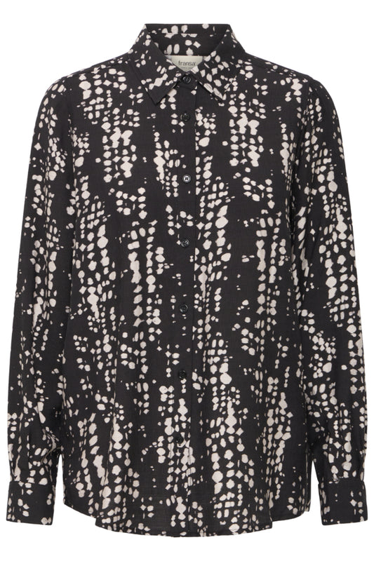 Fransa Ariana Shirt in Black Driz. Black and white patterned shirt on a white background