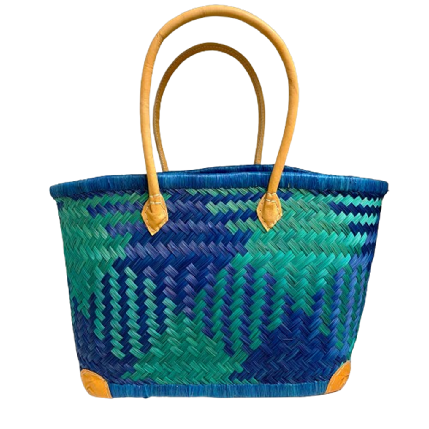 Woven basket with blue and green pattern and yellow handles on a white background