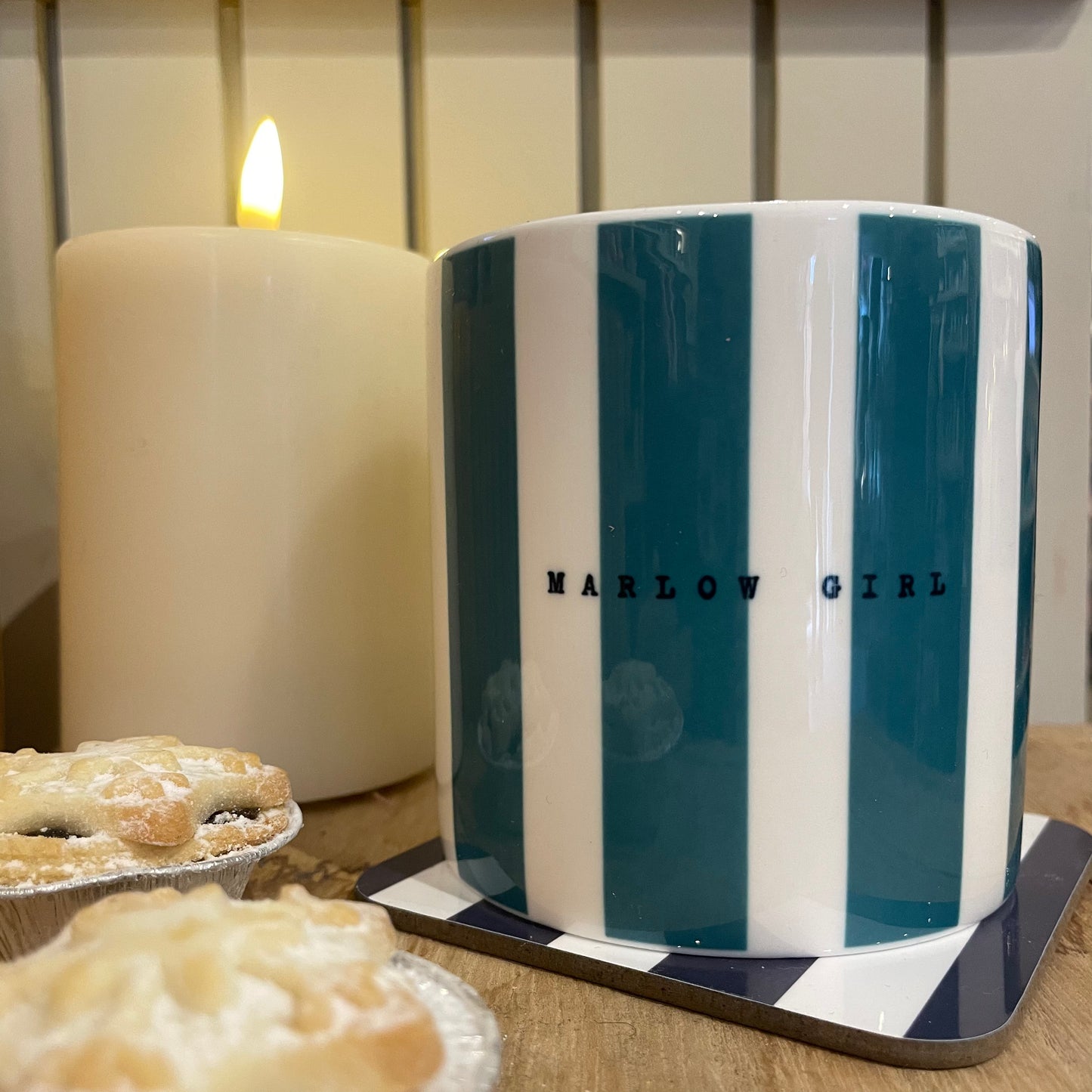 The Hambridge Artist 14oz Bone China Cup Teal Stripe / Marlow Girl