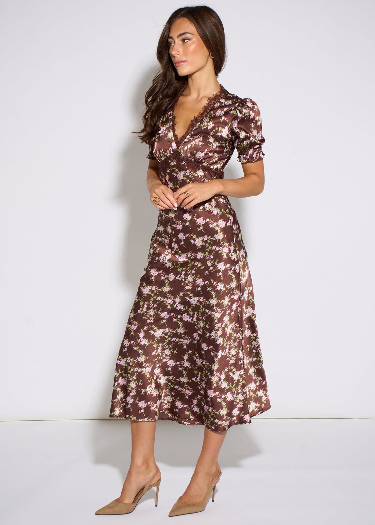 Gini London Brown Satin Floral Lace Midi Dress