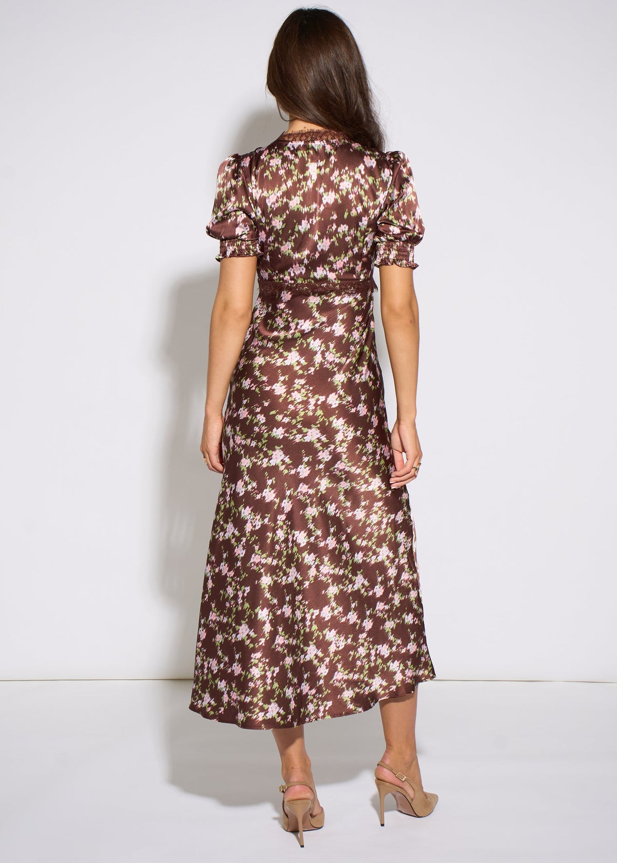 Gini London Brown Satin Floral Lace Midi Dress