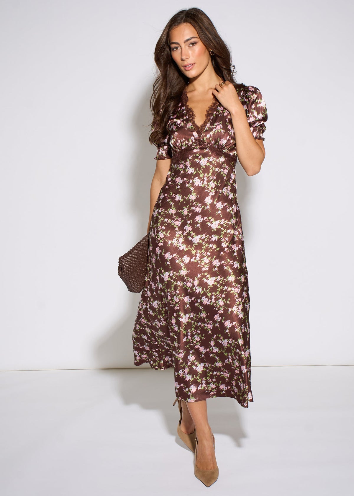 Gini London Brown Satin Floral Lace Midi Dress