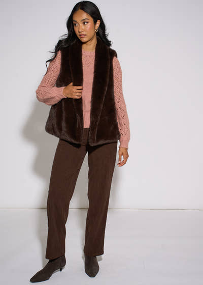 Gini London Brown Faux Fur Longline Gilet