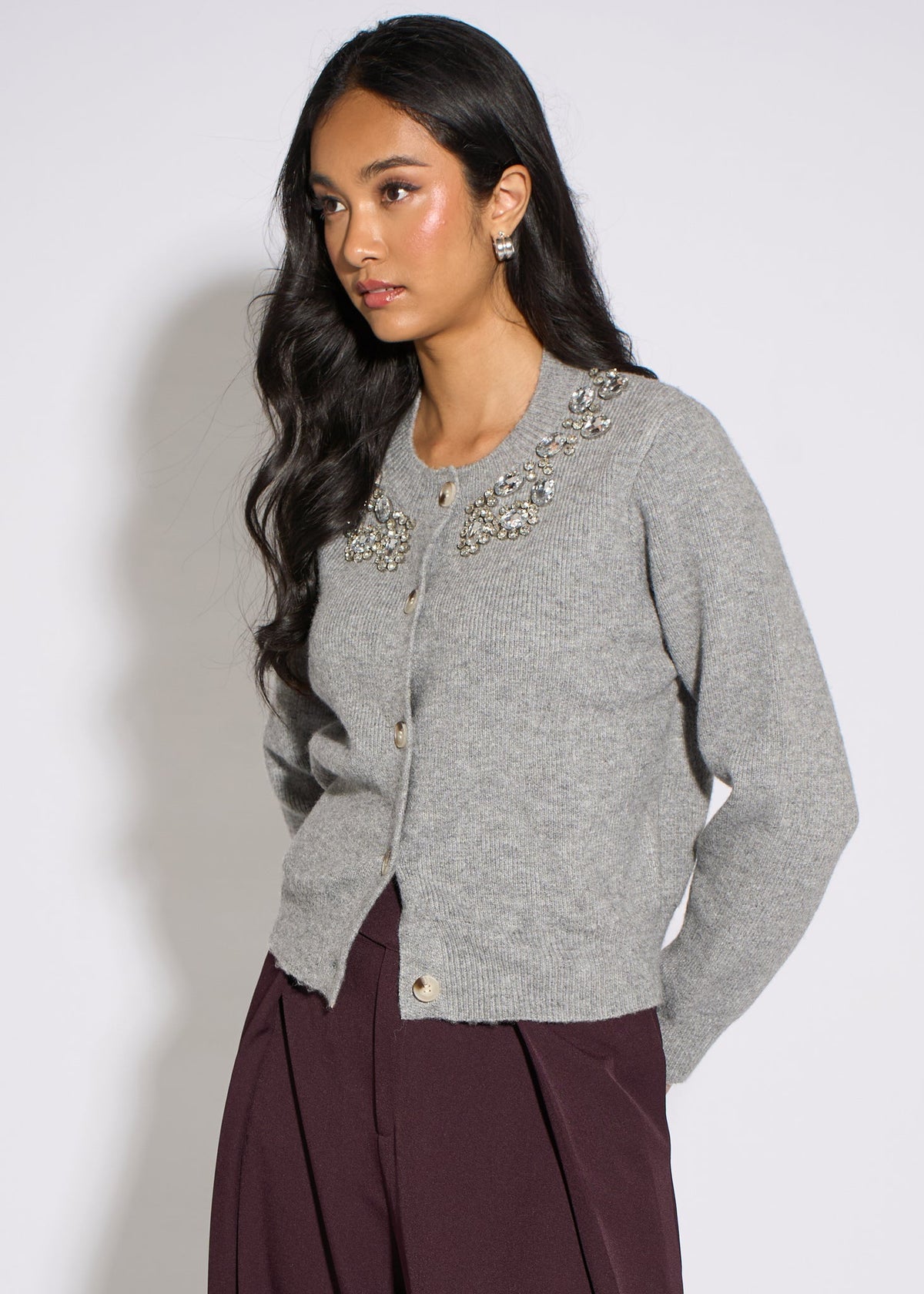 Gini London Grey Marl Diamante Embedded Knit Cardigan