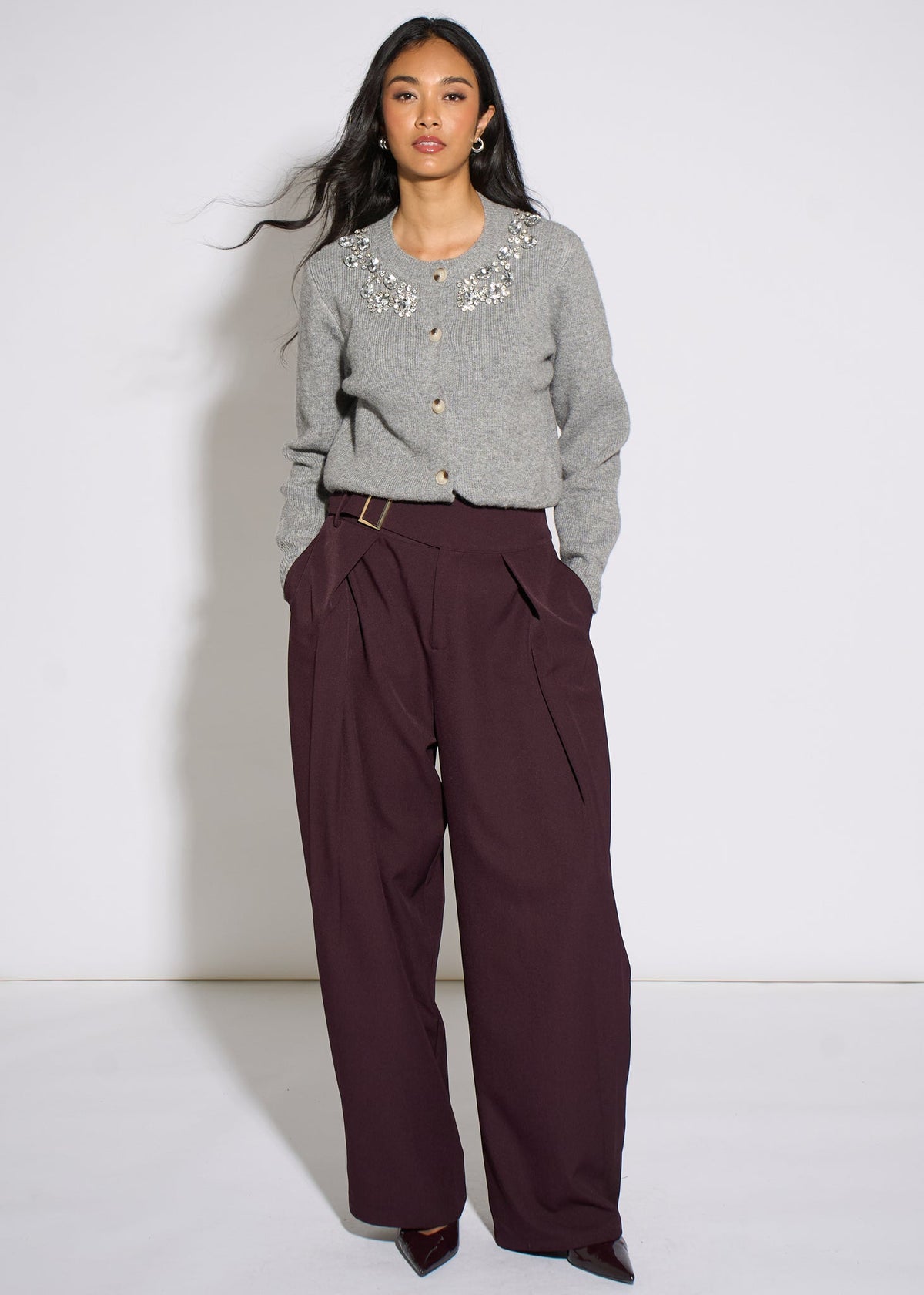 Gini London Grey Marl Diamante Embedded Knit Cardigan