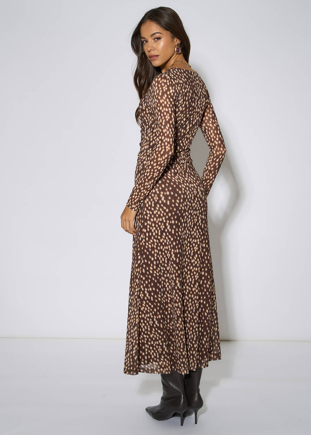 Gini London Brown Animal Mesh Ruched Front Midaxi Dress
