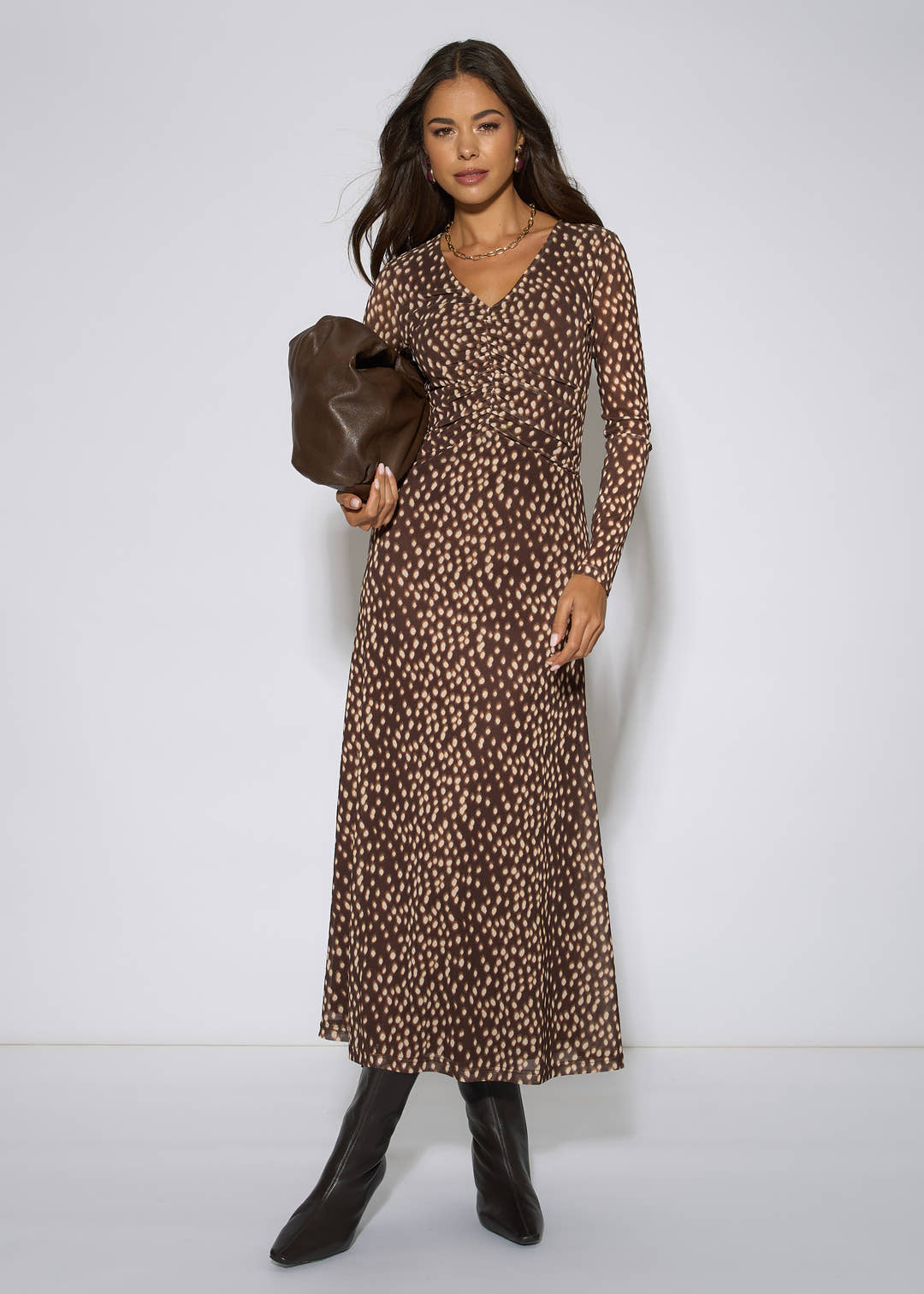 Gini London Brown Animal Mesh Ruched Front Midaxi Dress