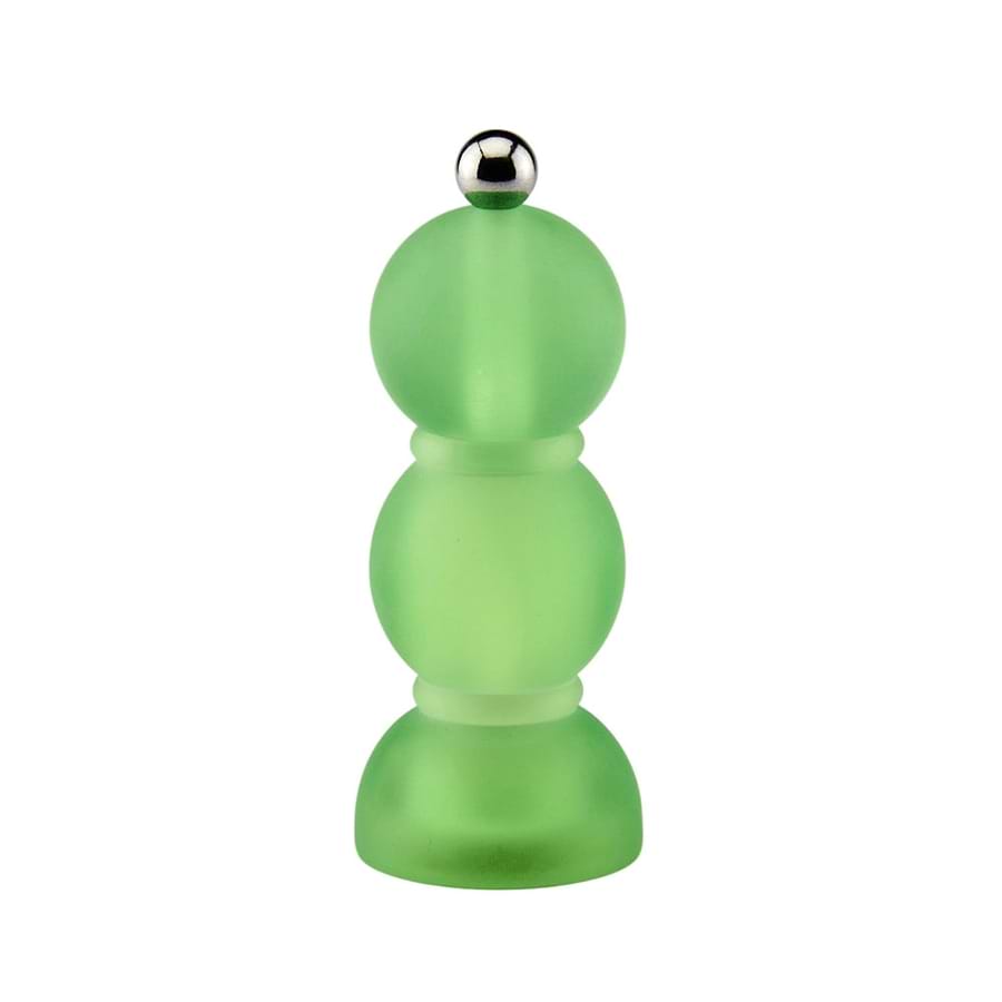 A green frosted glass decorative object with a stacked spherical design and a small shiny silver ball on top, shown against a plain white background.