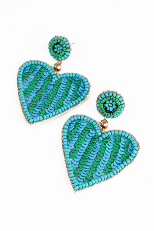 My Doris Green and Turquoise Stripe Beaded Heart Earrings