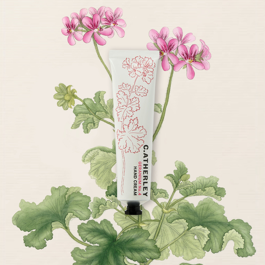 C. Atherley No.4 HAND CREAM - 75ML - A tube of C.atherley Hand Cream with pink geranium flowers and green leaves around it, set against a light cream background.