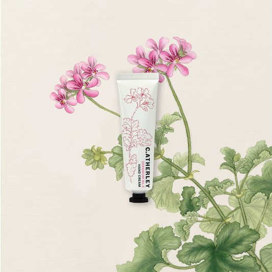 C. Atherley No.4 HAND CREAM - 30ml - Hand cream tube with floral design on a background with pink flowers and green leaves