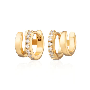 Mismatch Double Huggie Earrings with Clear Stones - Gold Plated