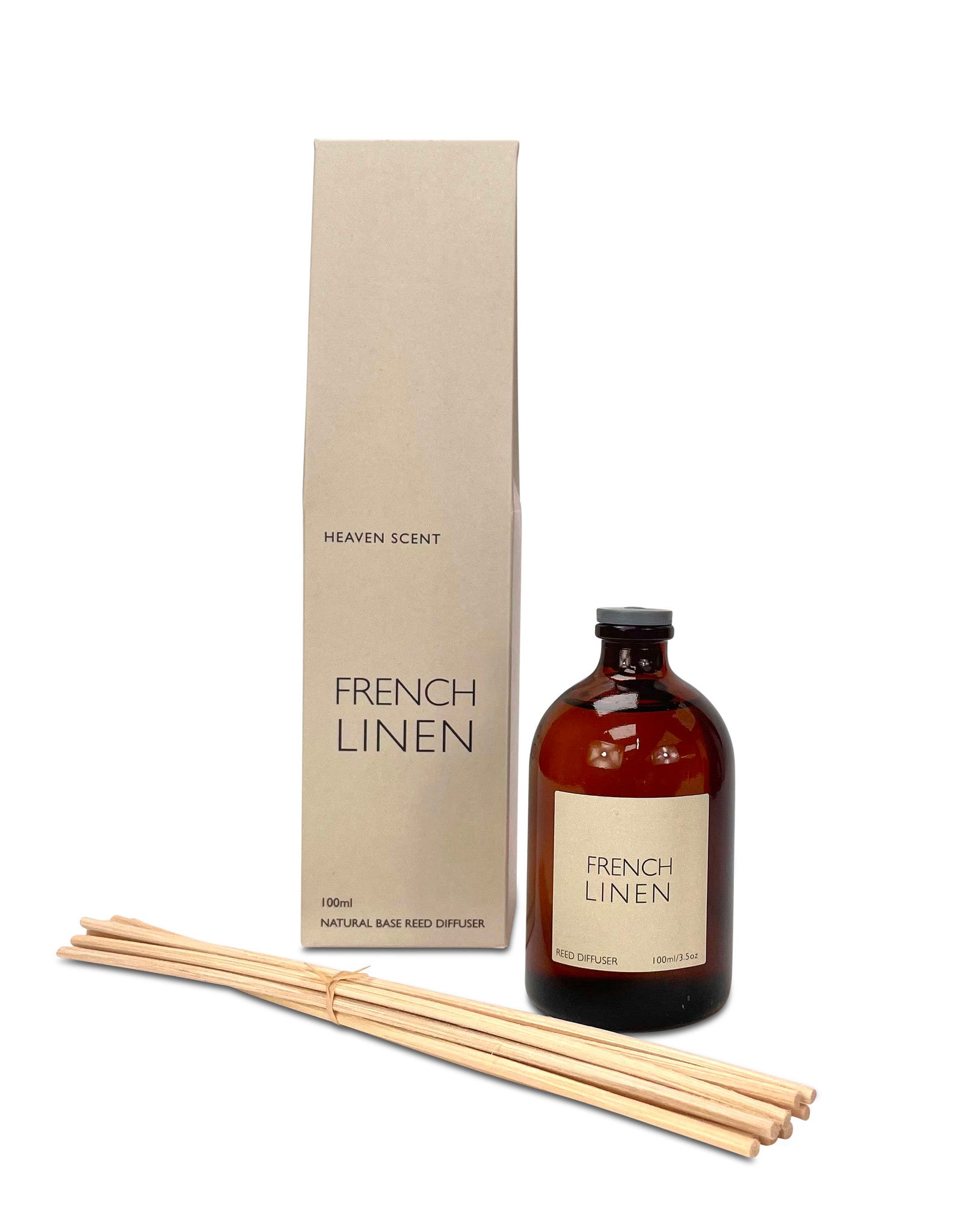 French Linen reed diffuser with notes of freshly laundered linens drying in a summer breeze, tranquil notes amber, cotton flower, sun dried vanilla bean with citrus peel and white cedar.  