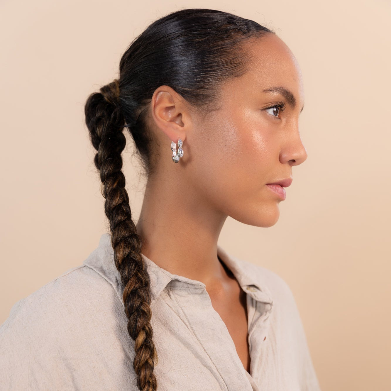 Vurchoo Jewellery Gaia Link Sculptural Grey Jasper Statement Hoops Silver