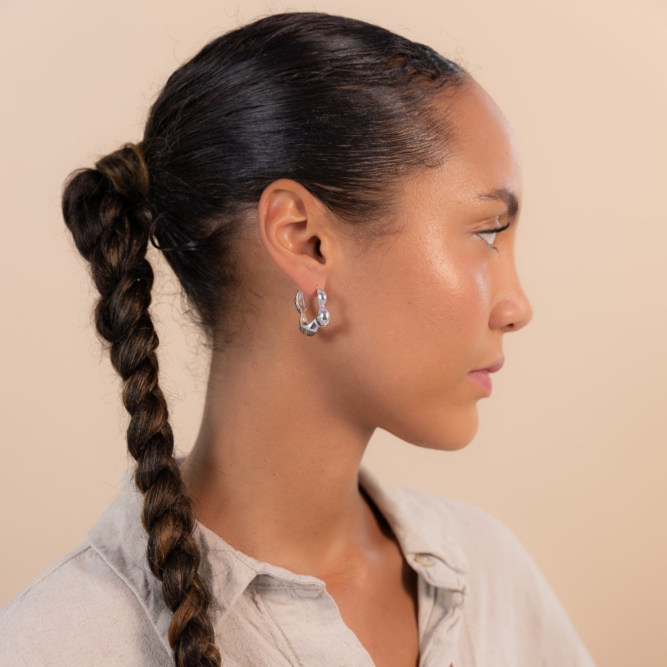 Vurchoo Jewellery Gaia Link Sculptural Grey Jasper Statement Hoops Silver