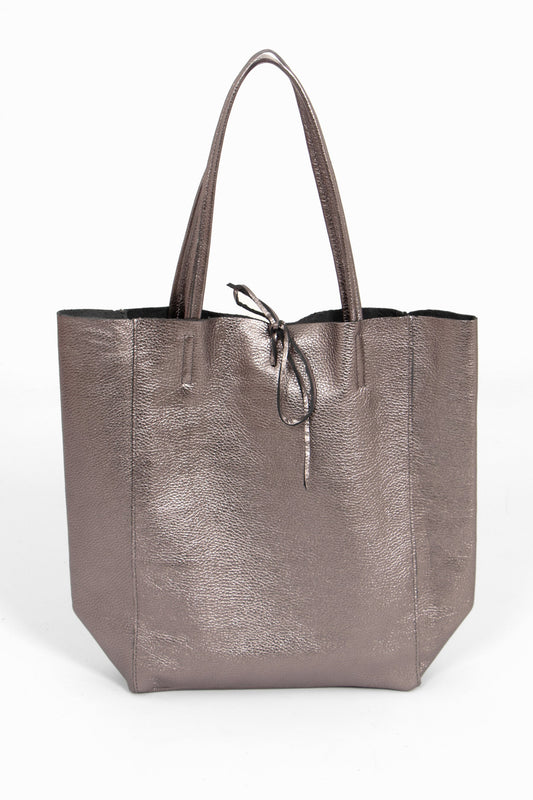 Heather Italian Leather Tote Bag - Pewter, Metallic