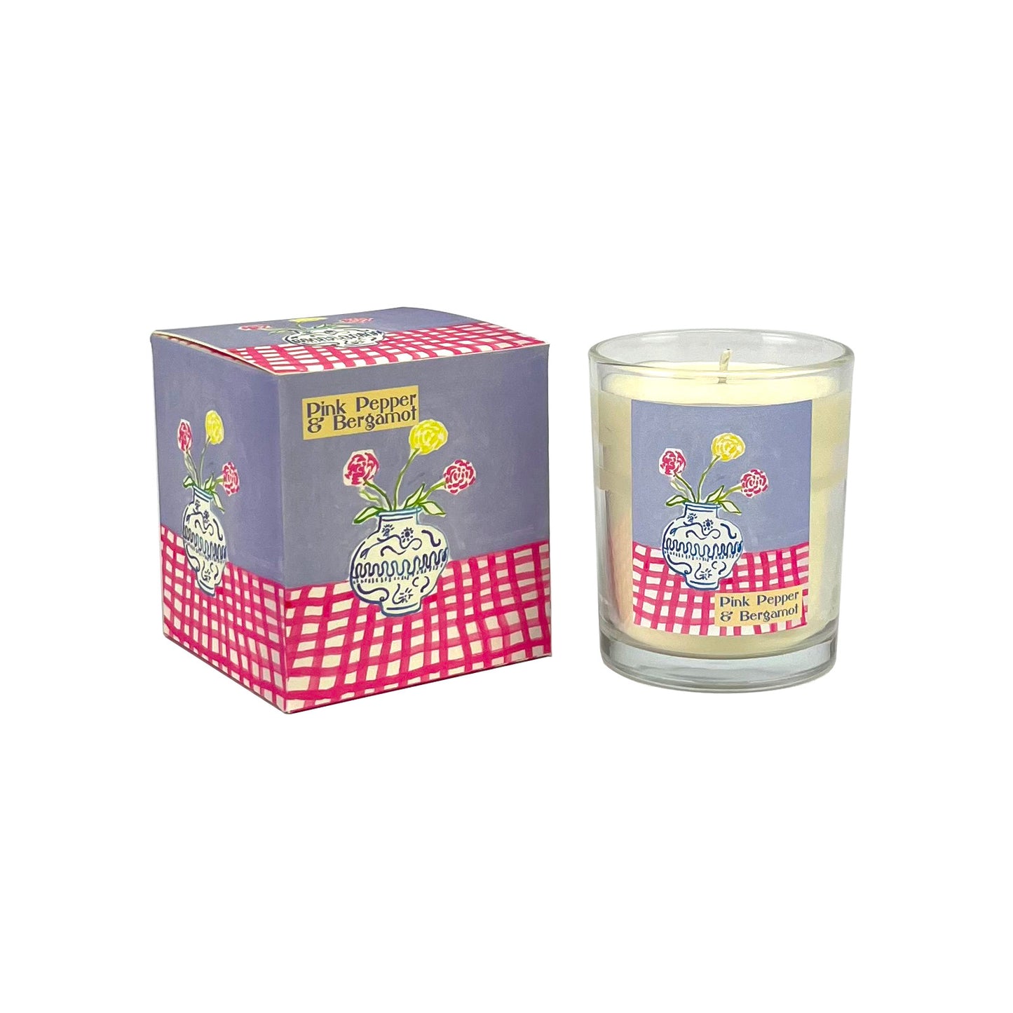 Heaven Scent Illustrated Spring/ Summer Range Candle - Pink Pepper & Bergamot - Blue & White Vase with Carnations 20cl