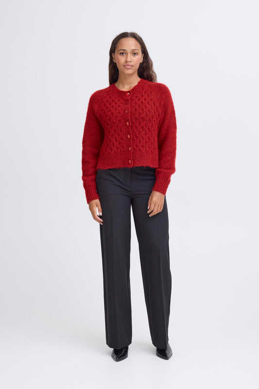 ICHI Belablue Cardigan in Red Dahlia