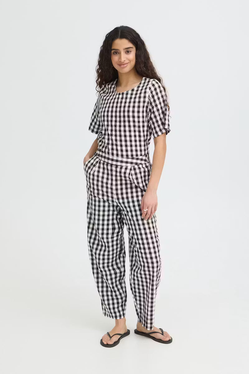 ICHI Karra Barrel Pant in Black & White Gingham