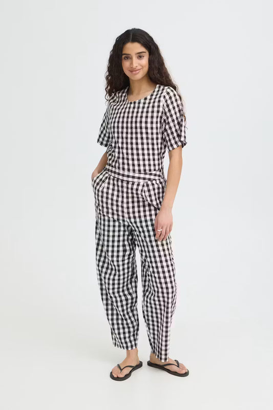 ICHI Karra Barrel Pant in Black & White Gingham