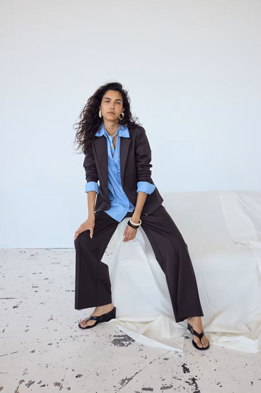 ICHI Kate Office Long Wide Pants in Chocolate
