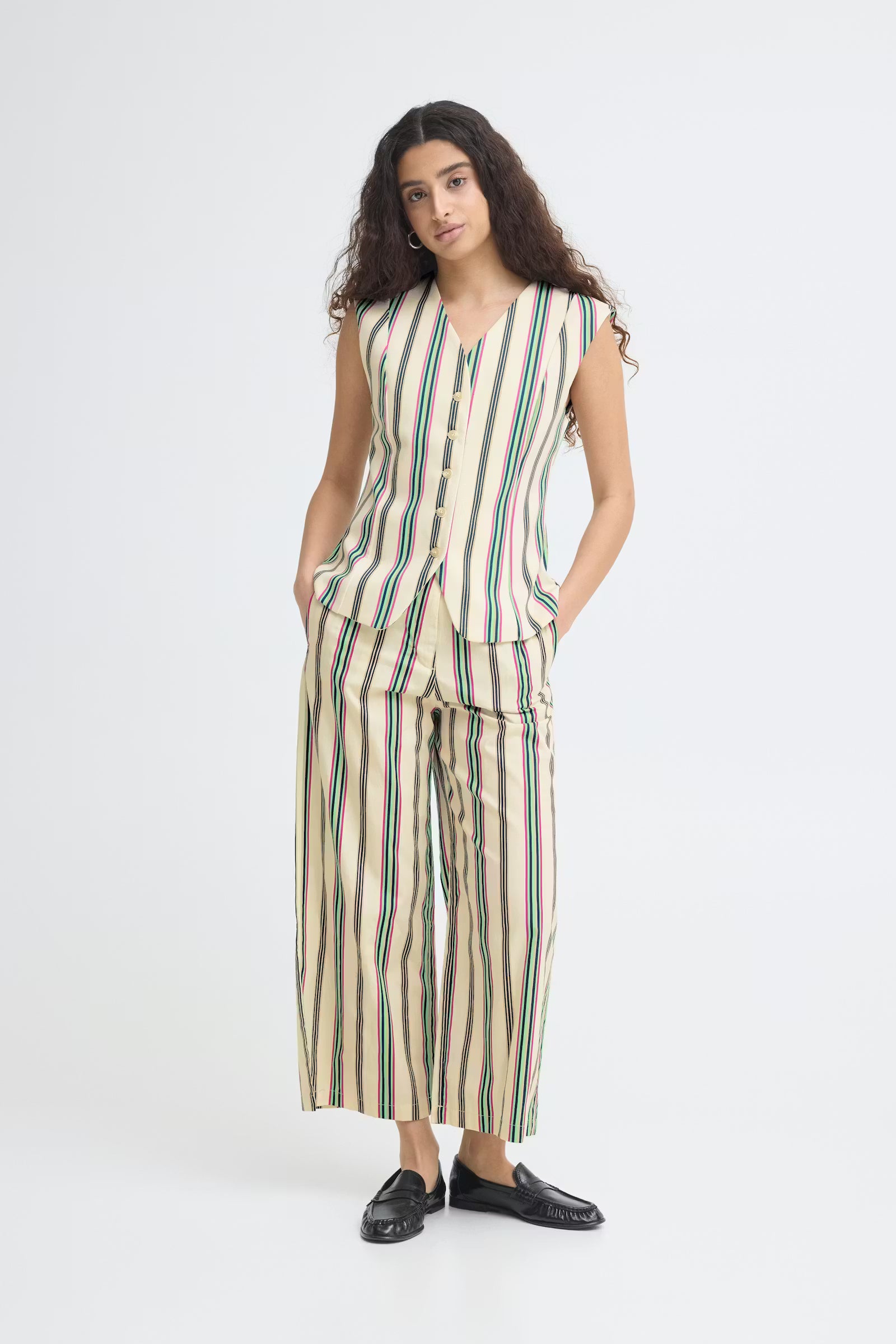 ICHI Leanna Trousers in Multi Stripe / White