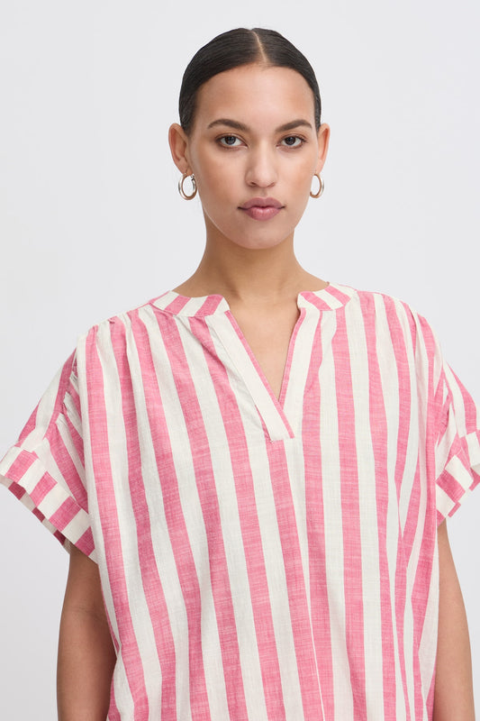 ICHI Lolia Short Sleeve Shirt in Bright White / Rose Stripe
