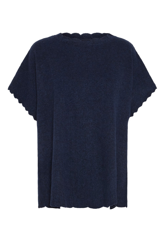 ICHI Macha Poncho in Total Eclipse. Navy blue t-shirt with scalloped sleeves on a white background