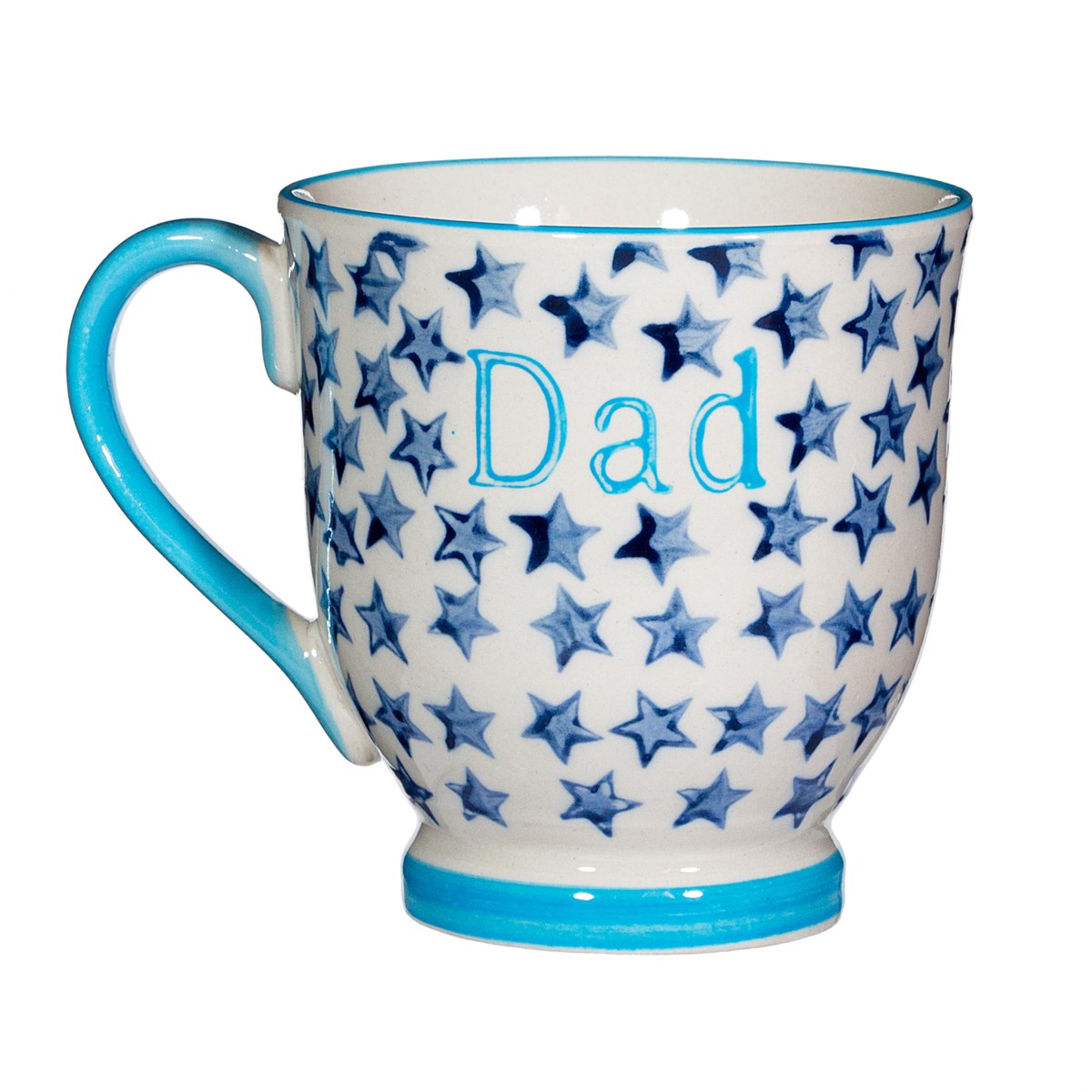 Mug with blue star pattern and 'Dad' text on a white background