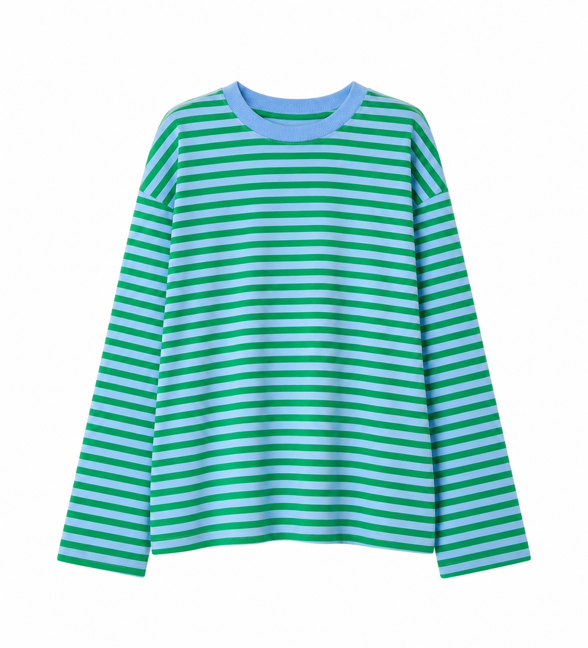 Green and blue striped long-sleeve shirt on a white background