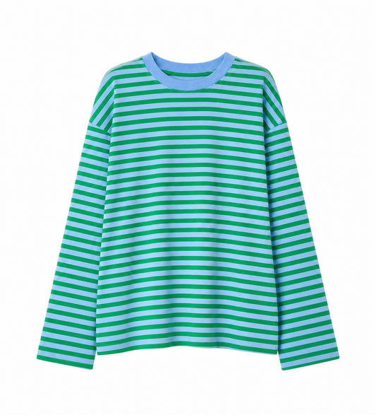 Green and blue striped long-sleeve shirt on a white background