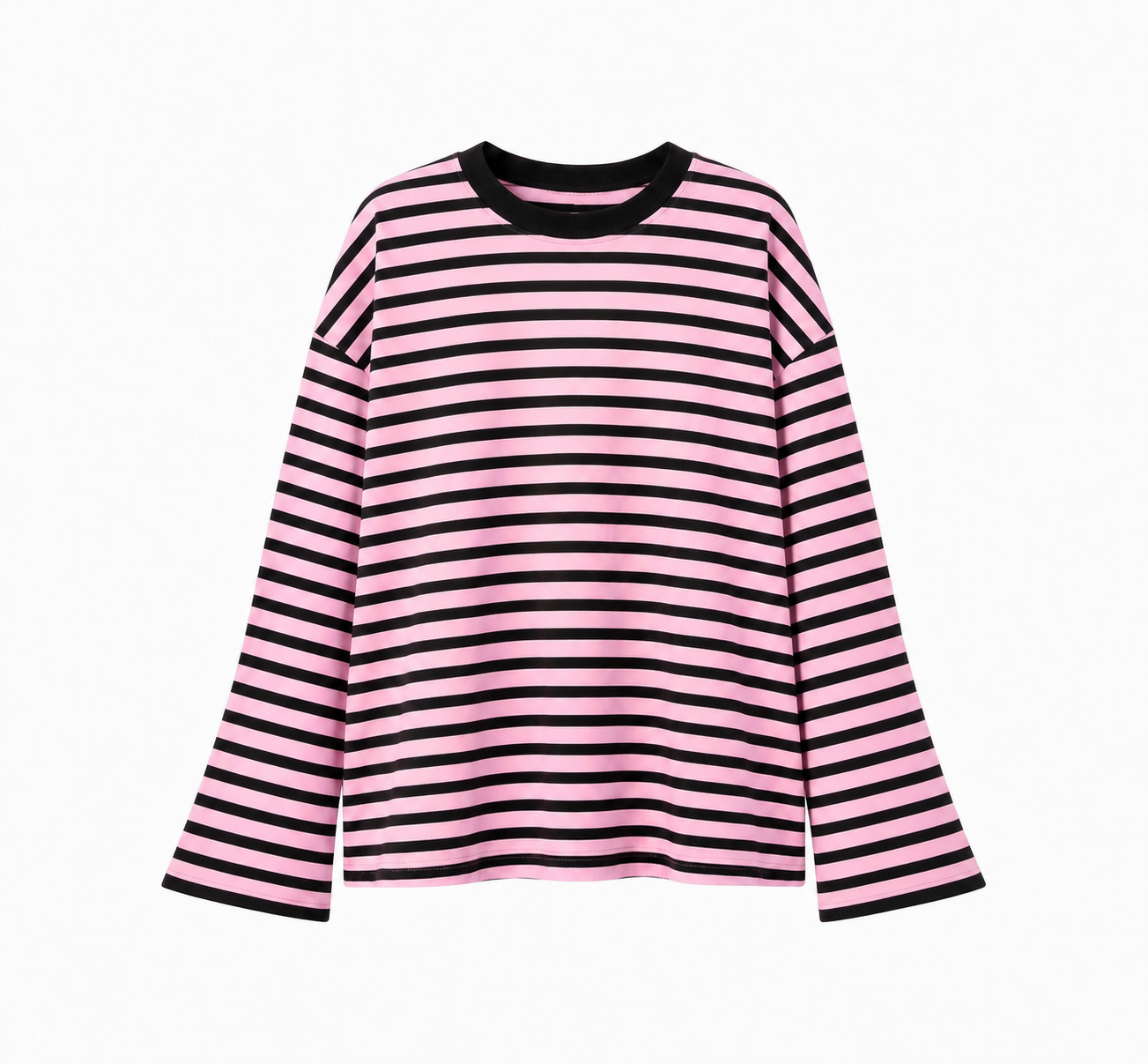 A pink and black stripey t shirt on a white background