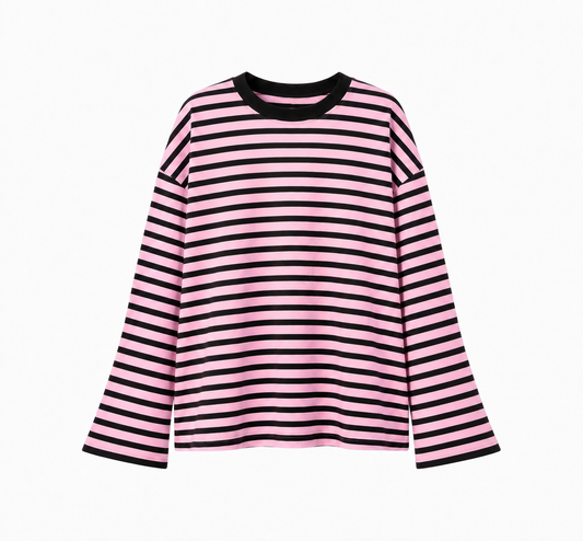 A pink and black stripey t shirt on a white background