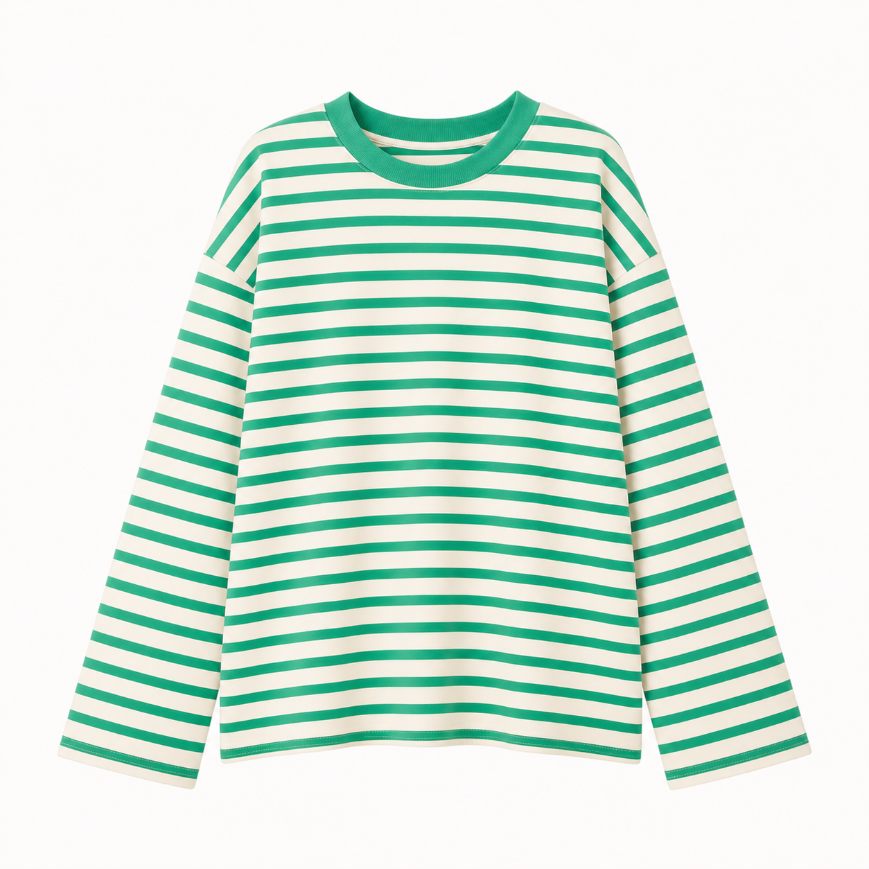 Green and white striped long-sleeve shirt on a white background