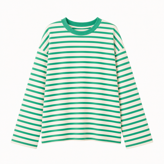 Green and white striped long-sleeve shirt on a white background
